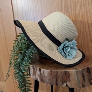 Classic Sun Hat with Black Trim and Baby Blue Flower